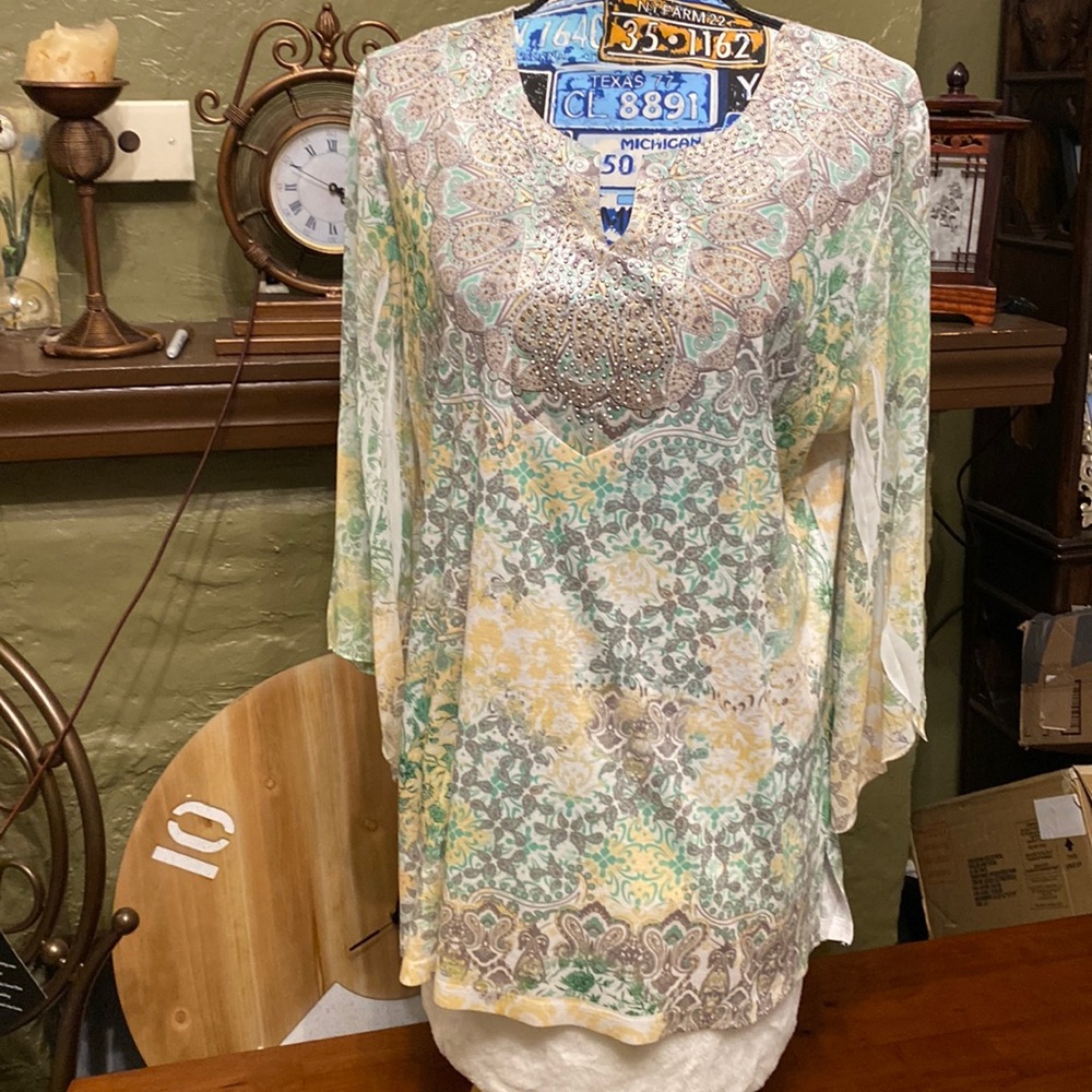 JM Collection paisley knit top with sheer sleeves